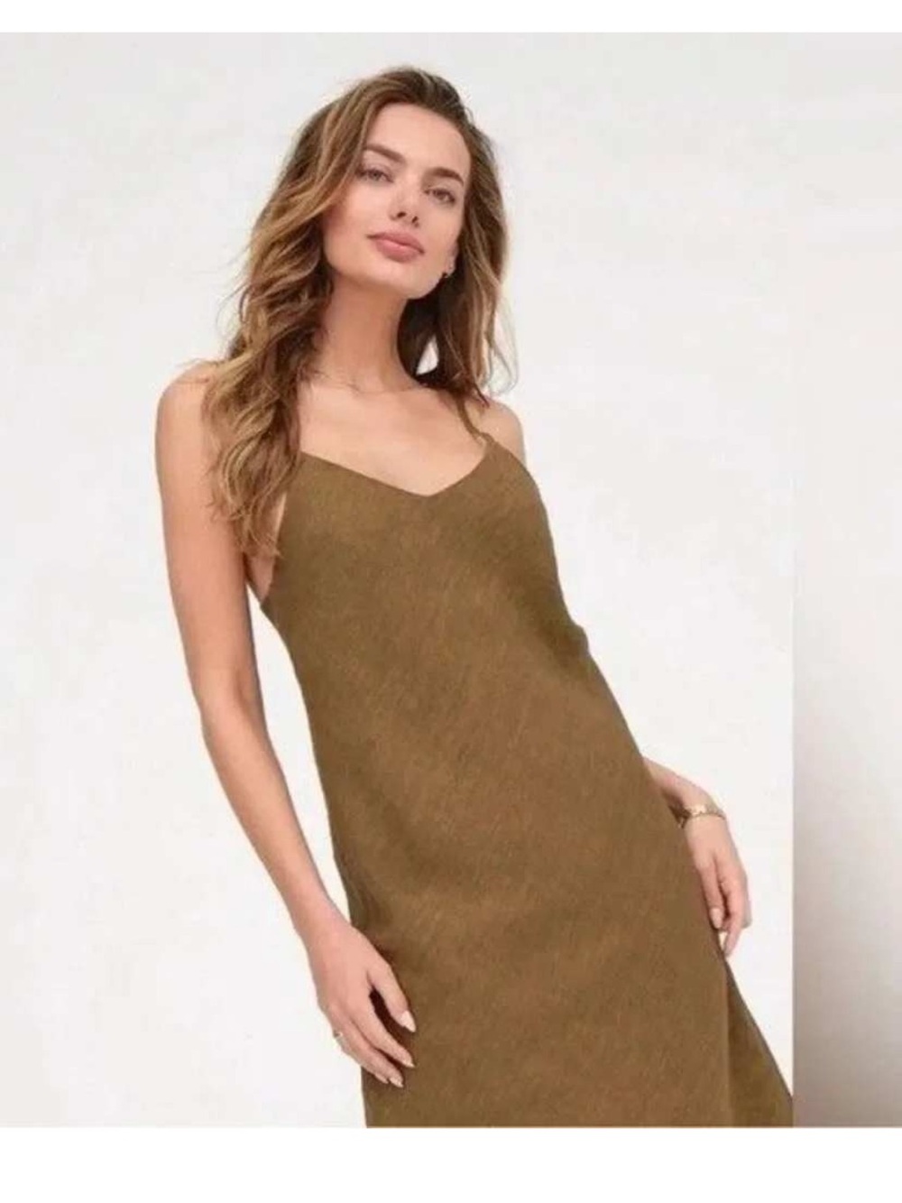 New MATE the Label Women’s Spaghetti Strap Slip MIDI Linene Dress in Olive sz s